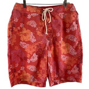 Madison Orange Hawaiian Floral Print Laced Up Trunks Swim Shorts L
